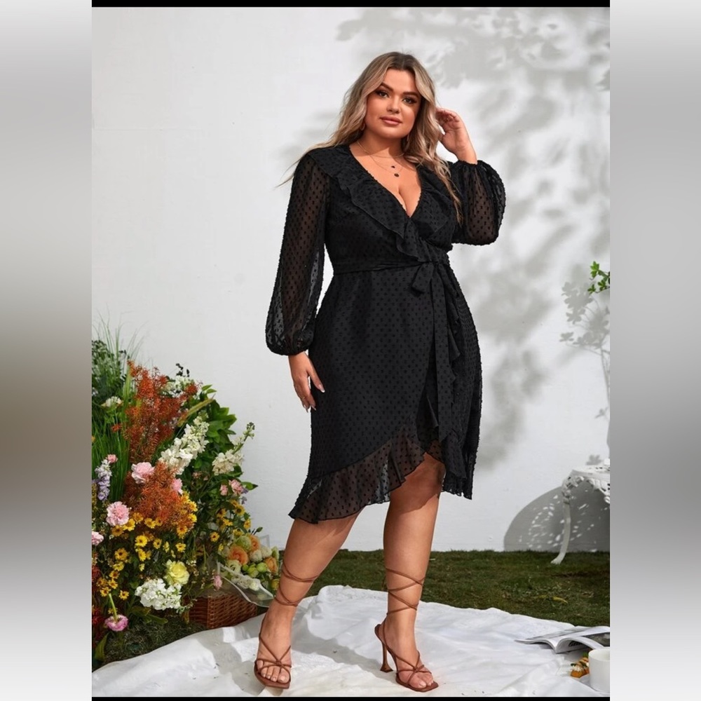 SHEIN Swiss dot ruffle trim wrap dress